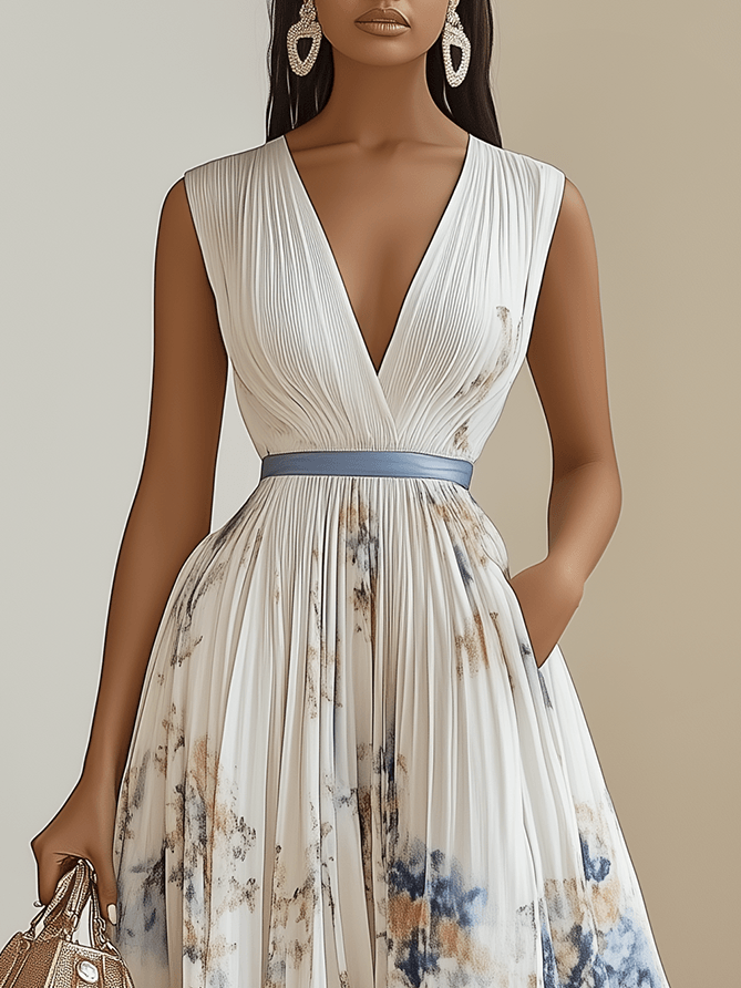Spring Collection White Floral Chiffon V-Neck Sleeveless A-Line Midi Dress