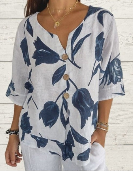 V-Neck Pullover Shirt in Printed Linen-Cotton Blend