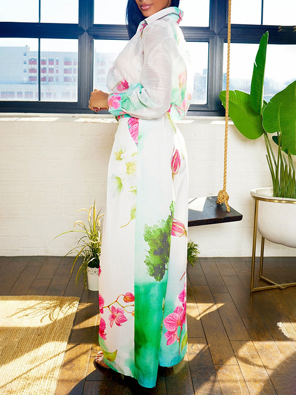 Floral Print Long Sleeve Sheer Gauze Blouse with Split-Joint Lapel