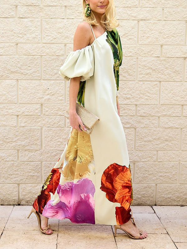 One-Shoulder A-Line Maxi Dress with Loose Fit and Floral Print