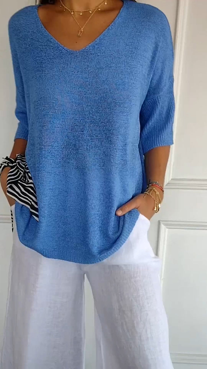 V-Neck Solid Color Knit Top