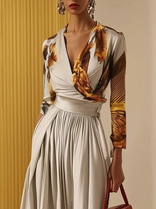 Floral Print Long Sleeve V-Neck Pleated Jumpsuit with Split Detail