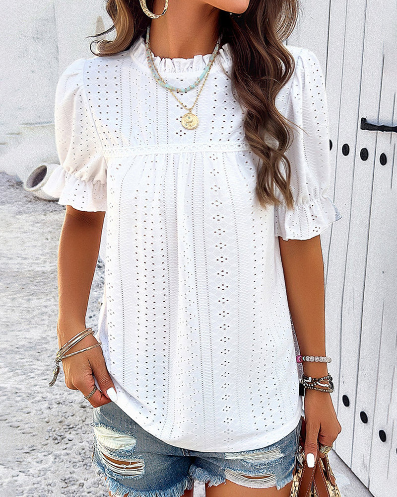 Short Sleeve Solid Color Top with Cutout Details
