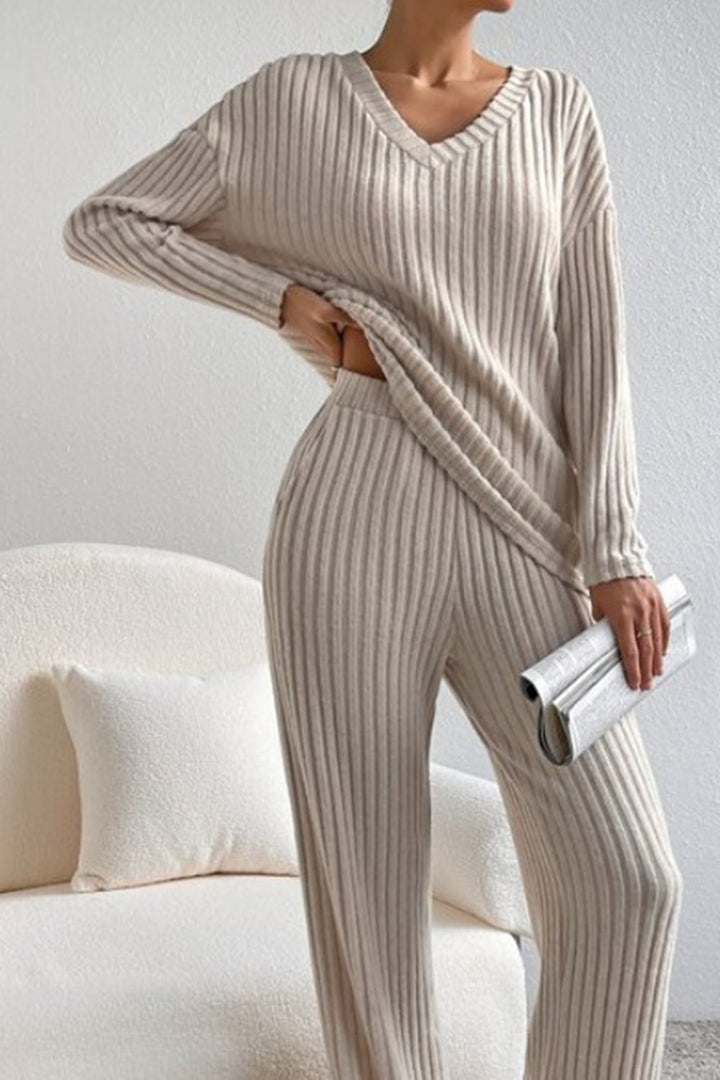 Ribbed V-Neck Top with Matching Pants Set