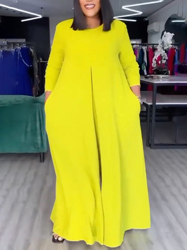 Relaxed Fit Wide Leg Jumpsuit with Pockets and Round Neck