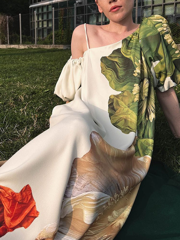 One-Shoulder A-Line Maxi Dress with Loose Fit and Floral Print