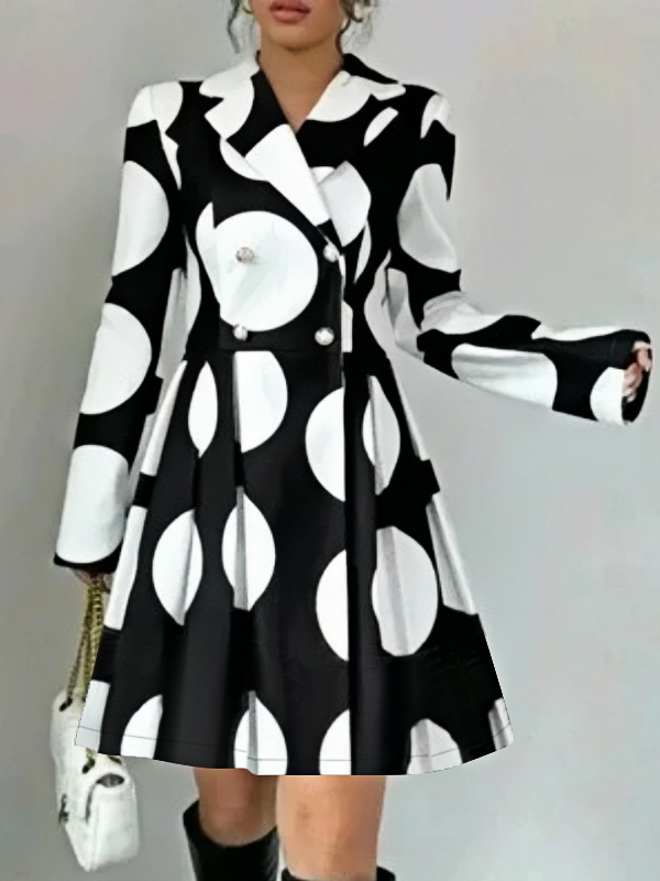 Polka Dot A-Line Mini Dress with High Waist, Button Details, and Contrast Color Pleats