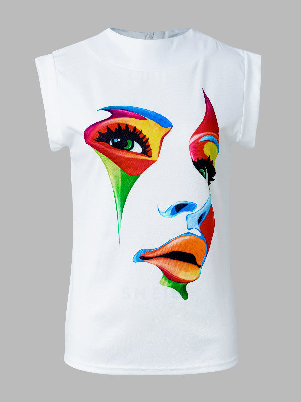 High-Neck Cap Sleeve Loose-Fit Multi-Colored Printed T-Shirt