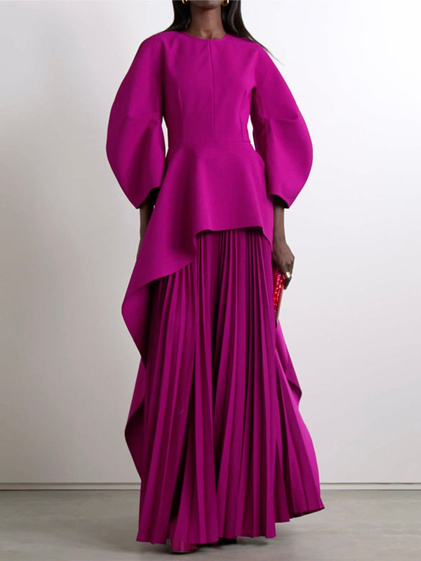 Tiered Maxi Dress with Long Sleeves, Pleated Design, Solid Color, and Round Neck