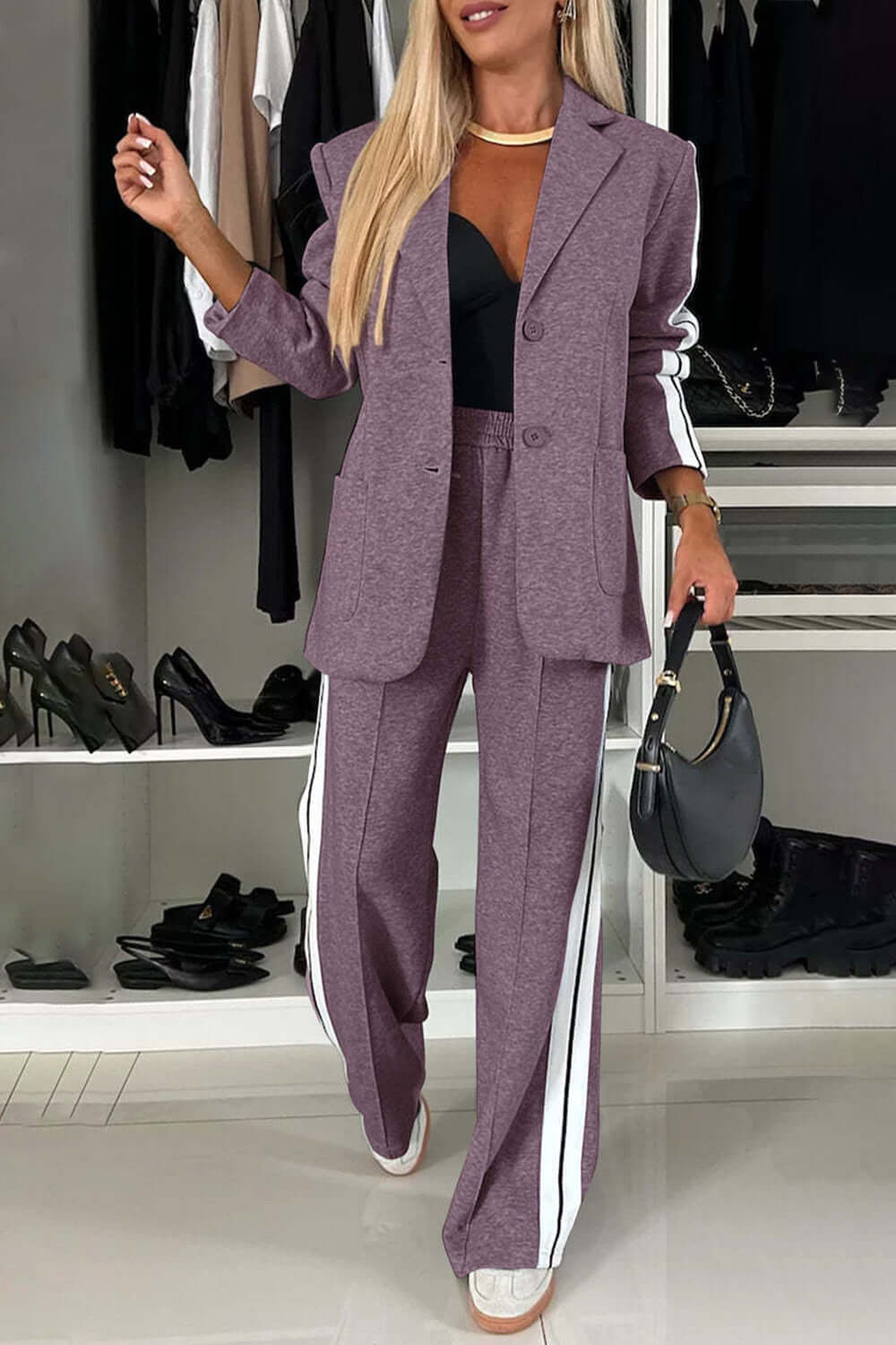 Two-Piece Set: Contrast Lapel Collar Top with Matching Pants