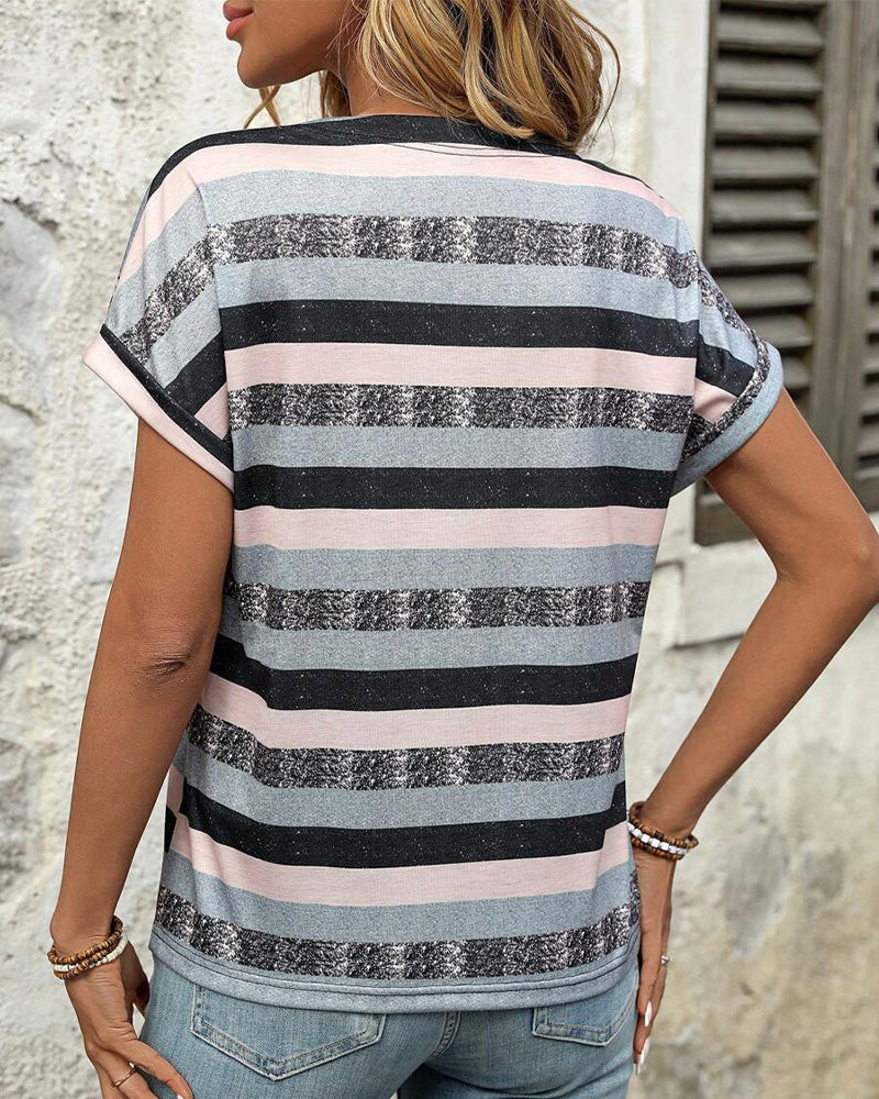 Striped V-Neck T-Shirt with Three Button Detail