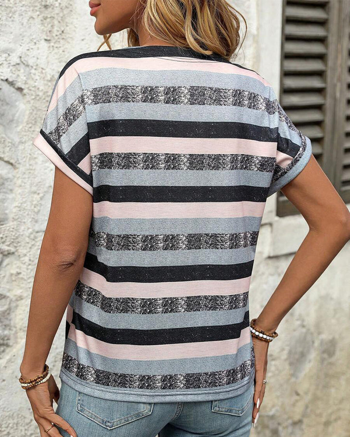 Striped V-Neck T-Shirt with Three Button Detail