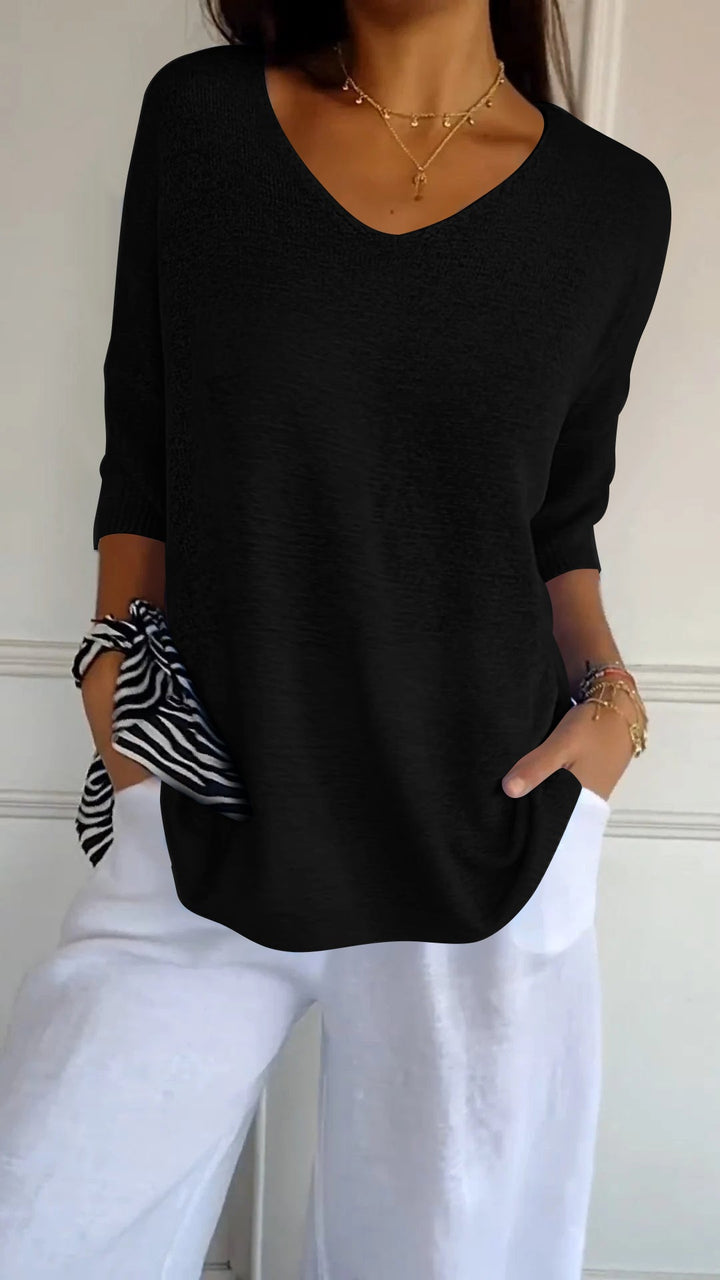 V-Neck Solid Color Knit Top