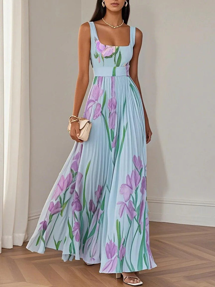 Floral Chiffon A-Line Maxi Dress with White Pleats and Square Neckline