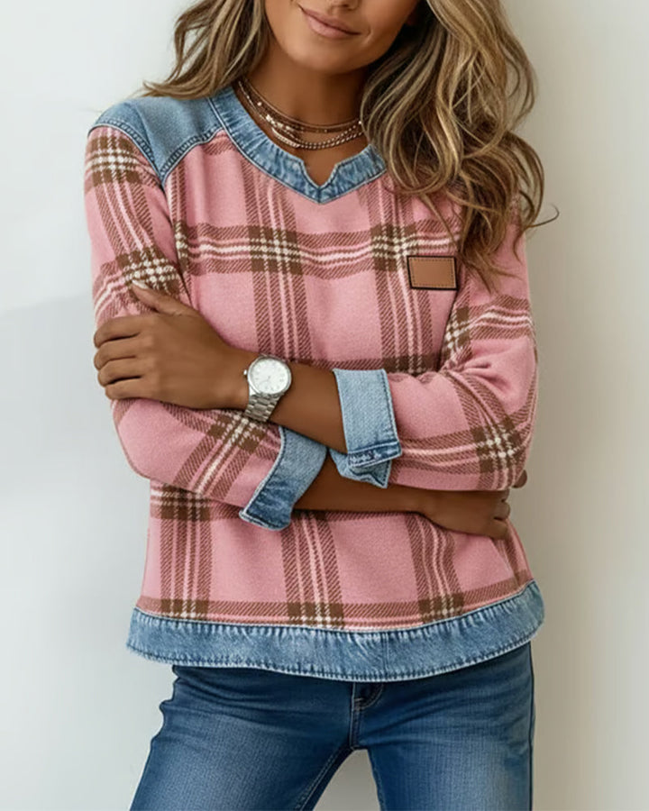 Patchwork and Check Pattern Sweatshirt
