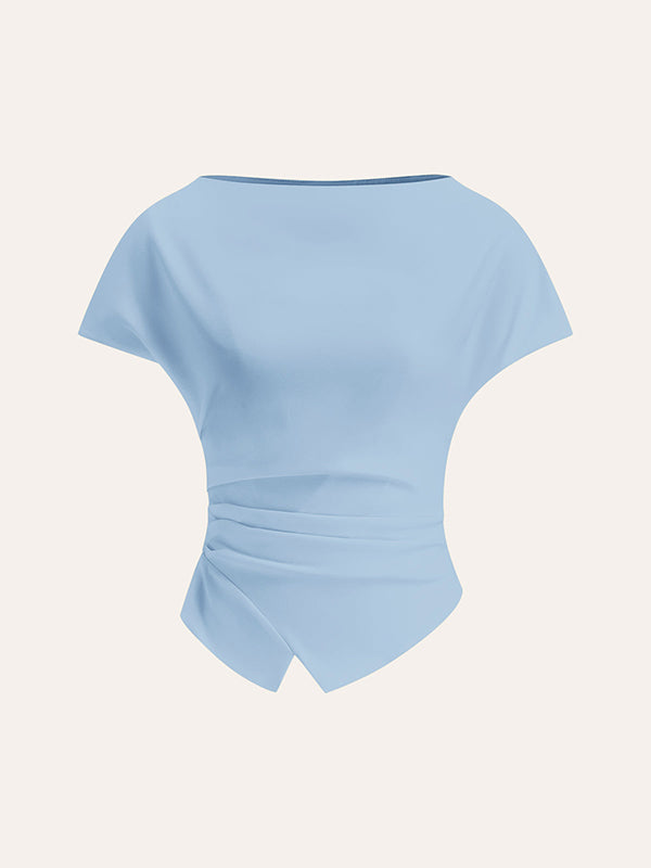 Relaxed Fit Asymmetric Pleated Solid Color Raglan Sleeve T-Shirts with Round Neck
