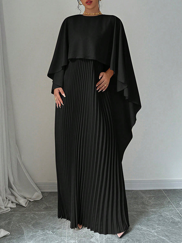 Maxi Evening Dress with Cape, High-Low Pleated Design, Solid Color, and Round Neck