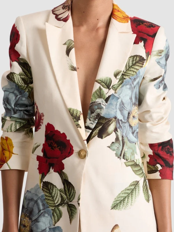 Floral Print Blazer with Long Sleeves, Button Closure, Pockets, and Notched Collar
