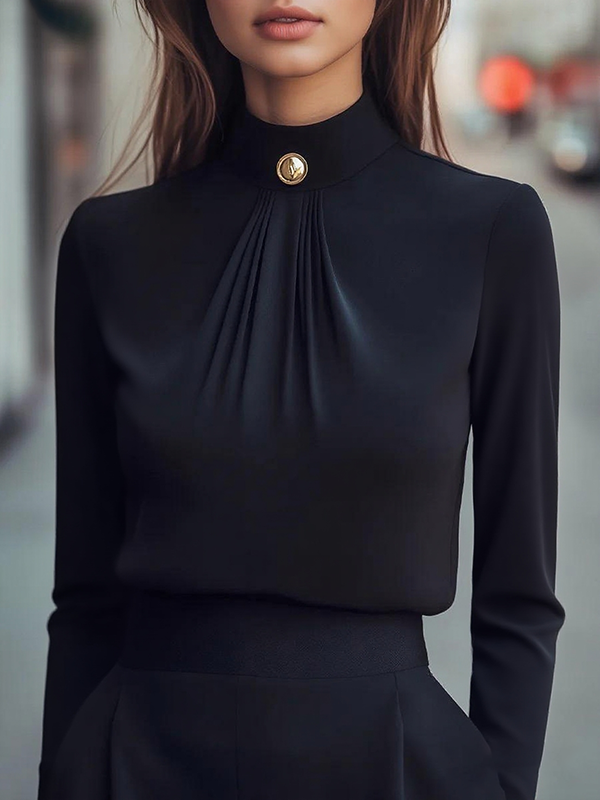 Long Sleeve Button-Up Pleated Solid Color Mock Neck Blouses & Shirts