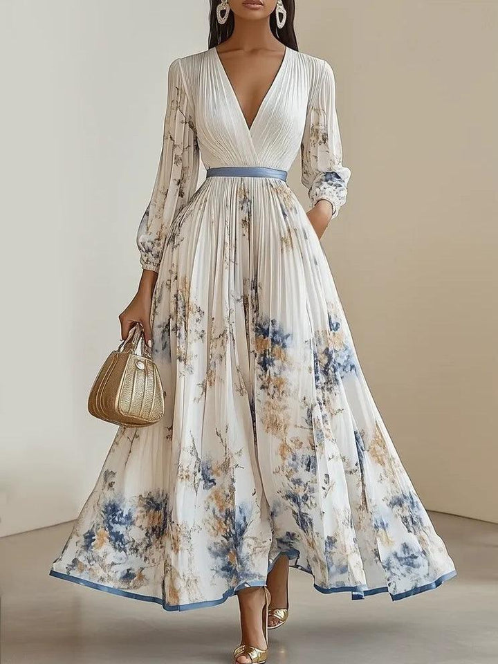 New Spring White Floral Chiffon Maxi Dress with V-Neck and Long Balloon Sleeves