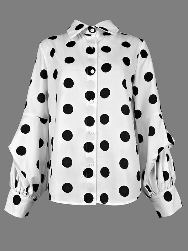 Polka Dot Long Sleeve Loose Fit Button-Up Blouse with Lapel Detail