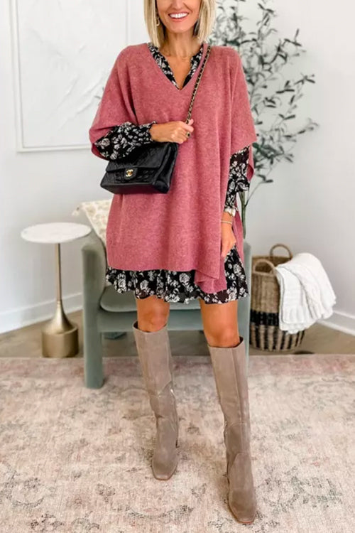Stylish V-Neck Loose-Fit Solid Poncho Sweater