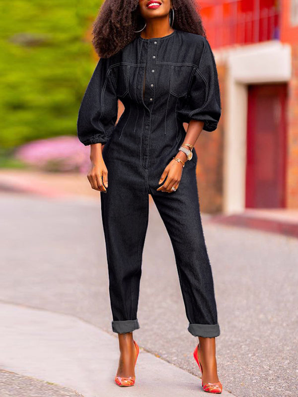 Round-Neck Jumpsuit with Puff Sleeves and Split Joint Design