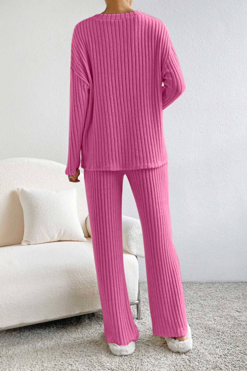 Ribbed V-Neck Top with Matching Pants Set