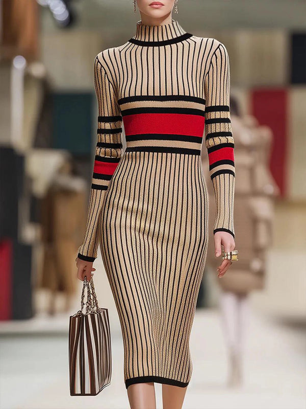 High Neck Midi Sweater Dress with Long Sleeves and Contrast Color Stripes