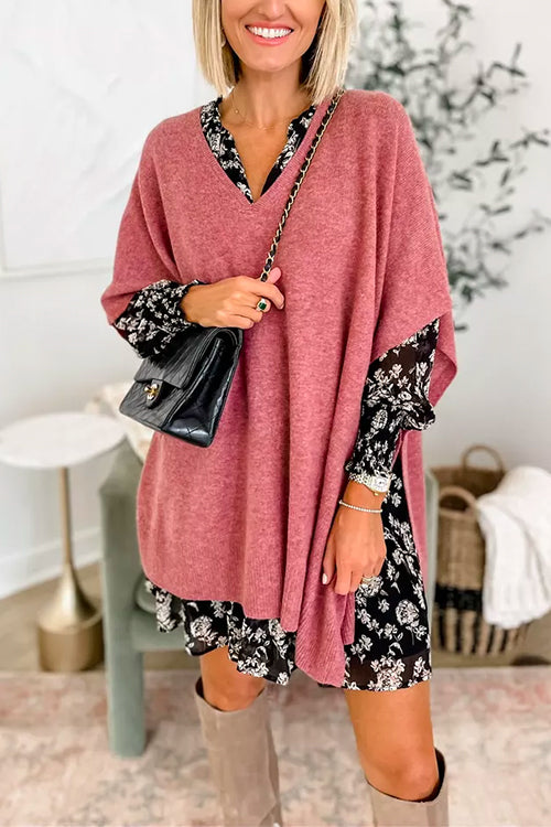 Stylish V-Neck Loose-Fit Solid Poncho Sweater