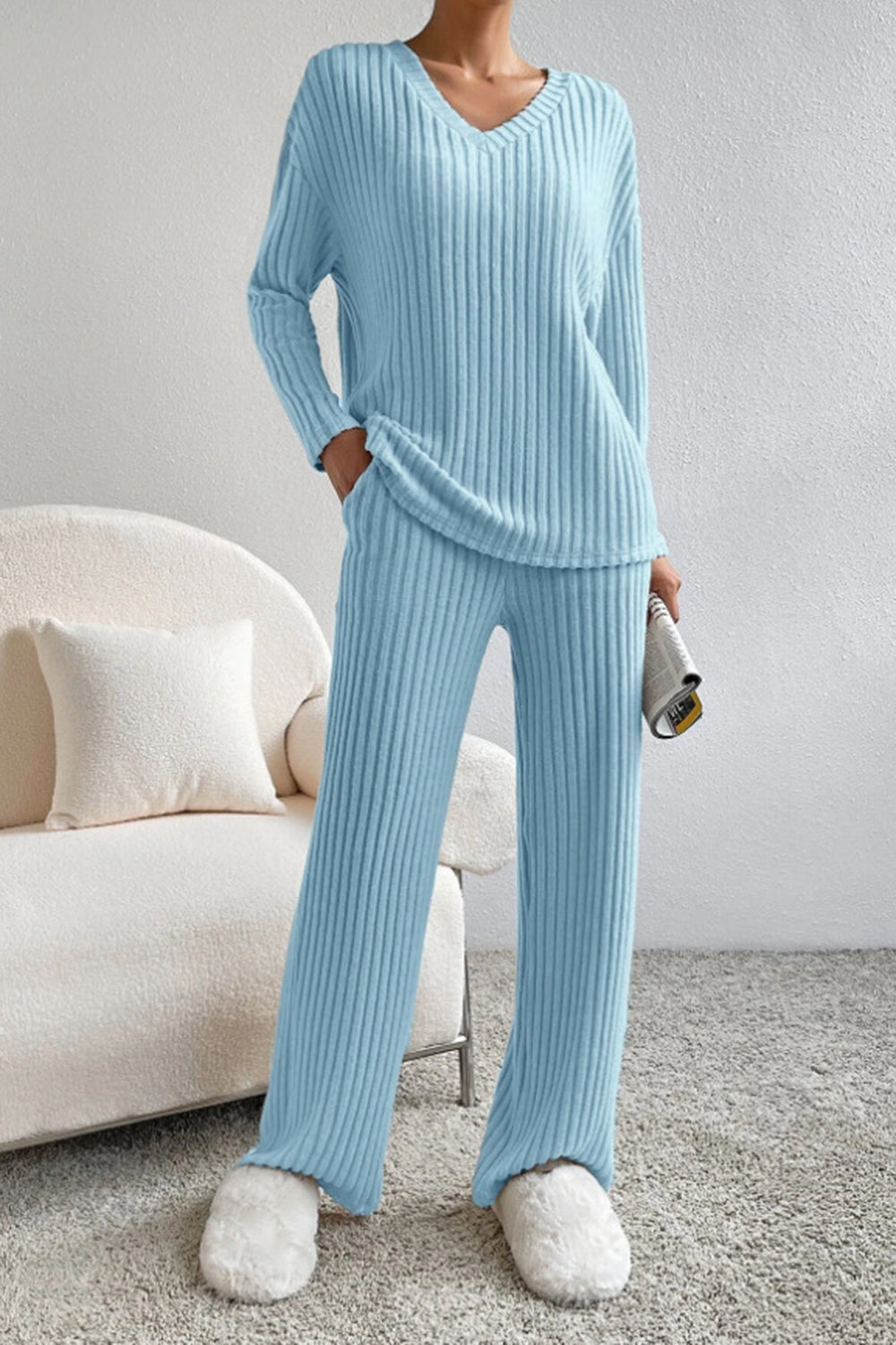 Ribbed V-Neck Top with Matching Pants Set