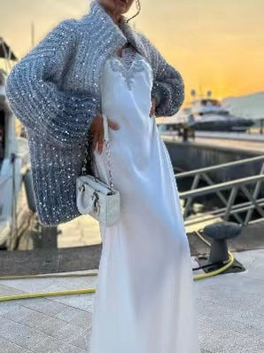 V-Neck Sequined Sweater for Casual Wear