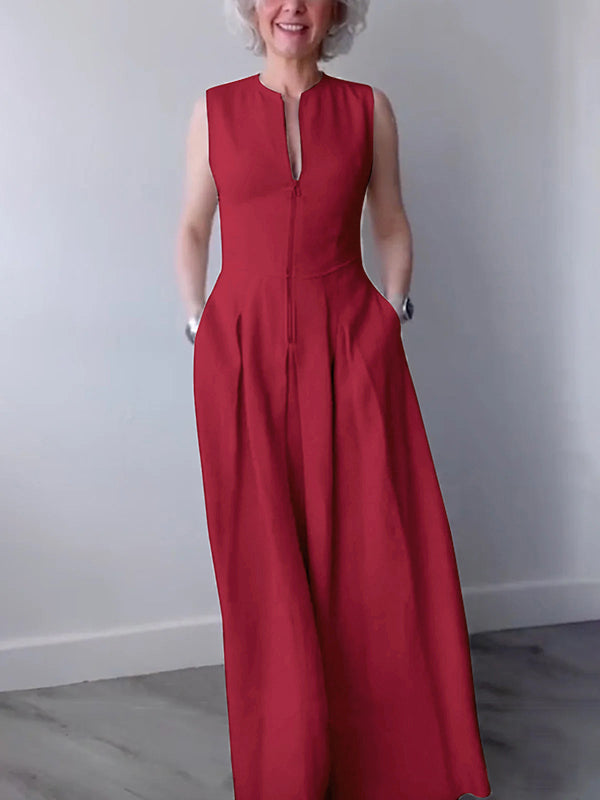 Maxi Dress with A-Line Loose Fit, Pleats, Pockets, Split Joint, and Zipper - Round Neck Design