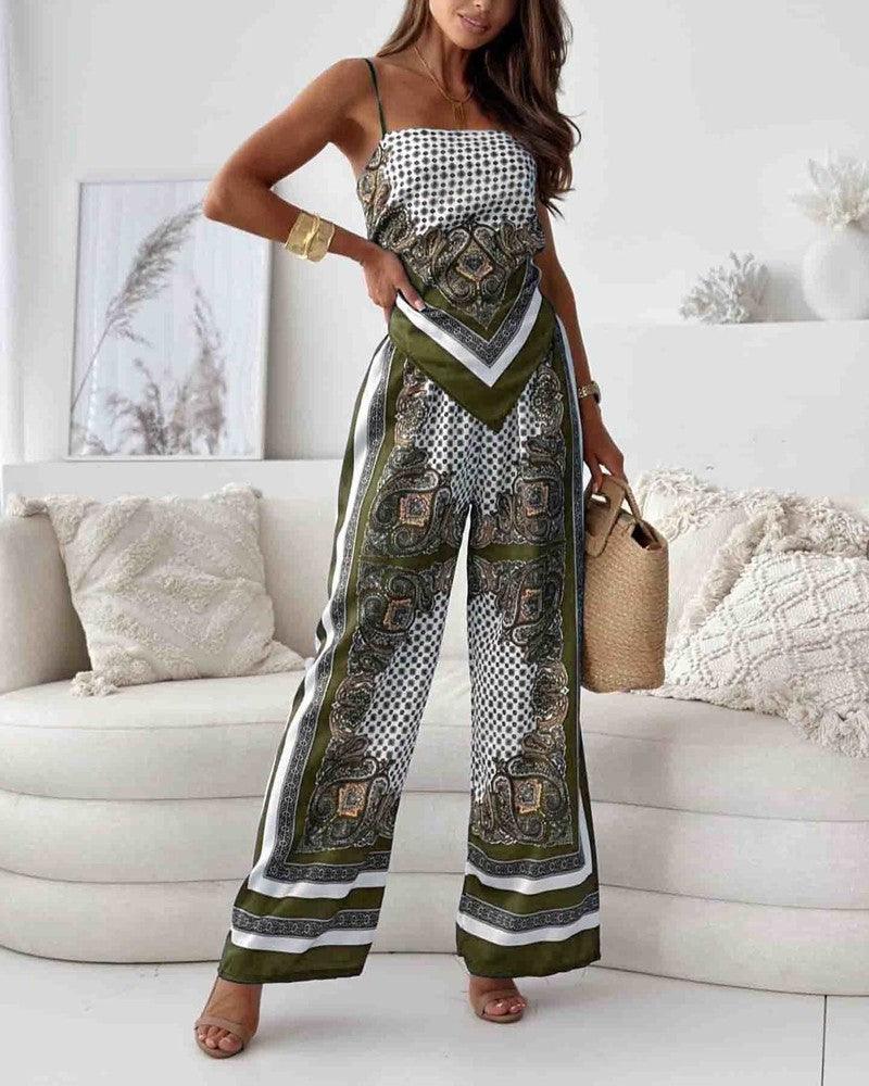 Chic Printed Lace-Up Vest and Pants Two-Piece Ensemble