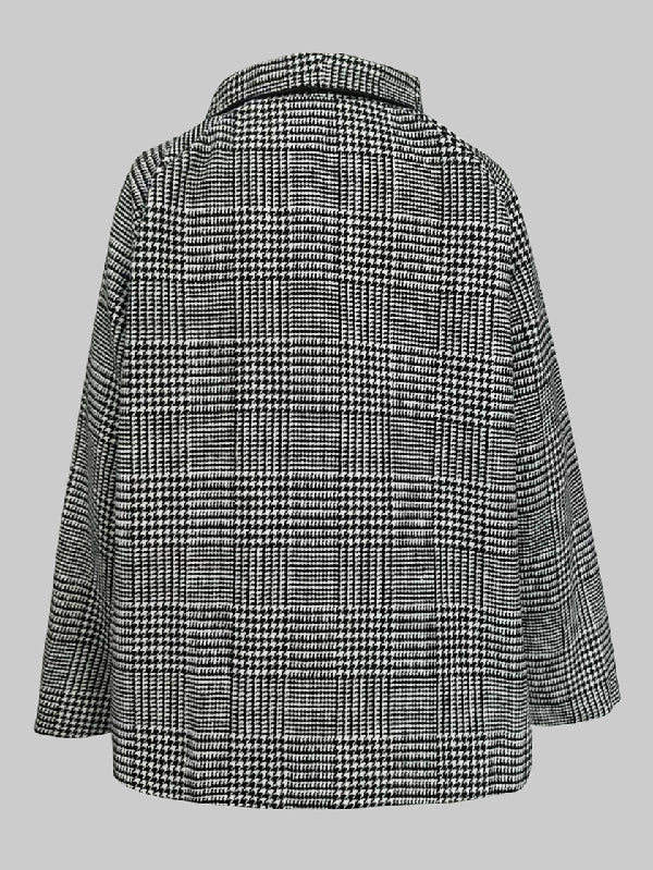 Asymmetric Houndstooth Plaid Jacket with Long Sleeves and Stand Collar