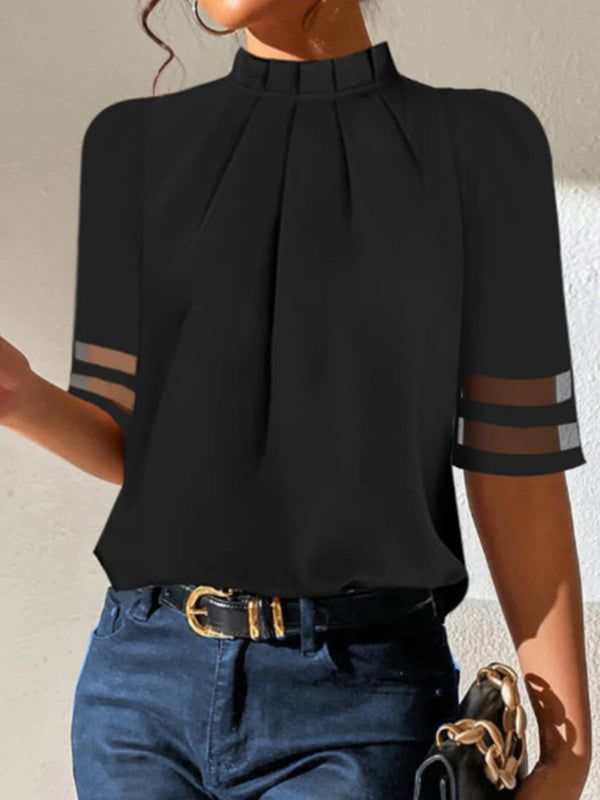 Sheer Pleated Split-Joint T-Shirt with Loose Short Sleeves and Stand Collar