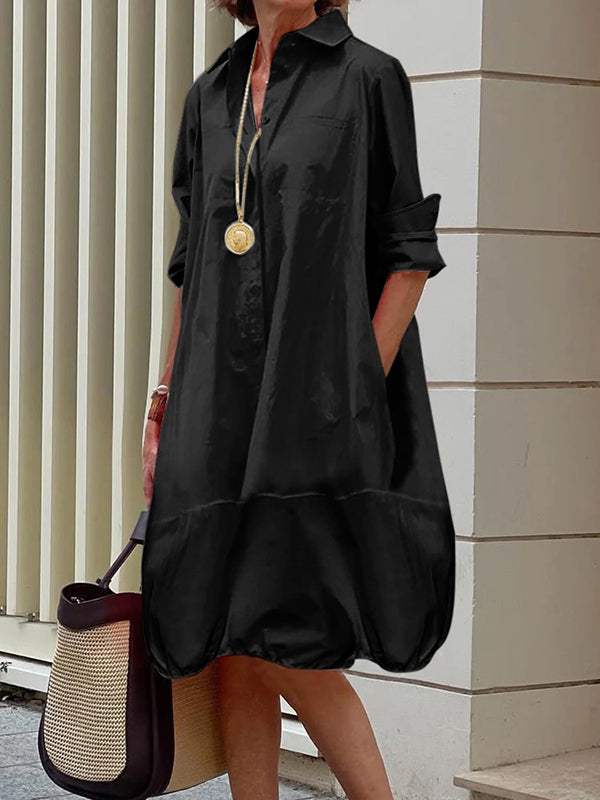 Loose-Fit Midi Shirt Dress with Long Sleeves and Lapel Collar in Solid Colors