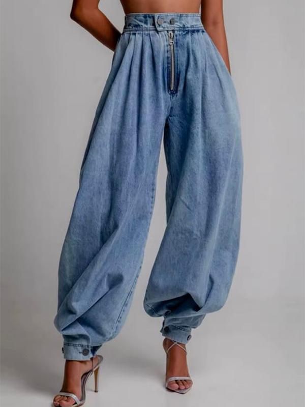 Relaxed Fit Solid Color Zippered Jean Knickerbockers