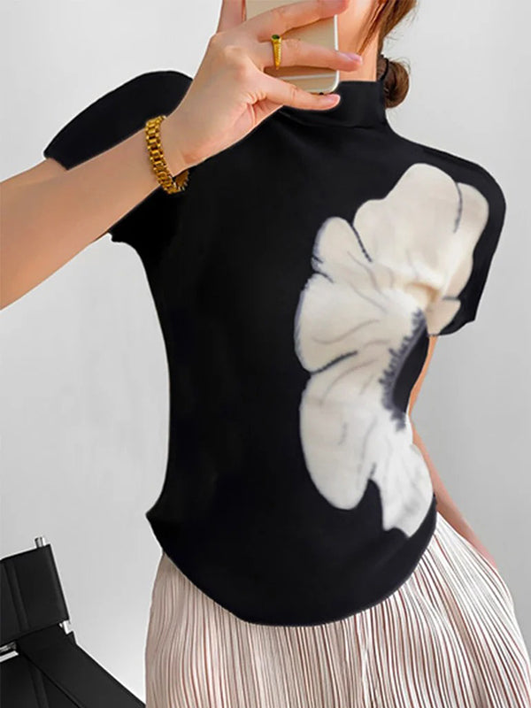 High Neck Floral Print Short Sleeve Slim Fit T-Shirt