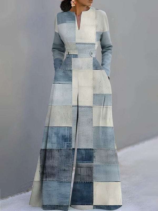 Loose-Fit V-Neck Jumpsuit with Long Sleeves and Print Design