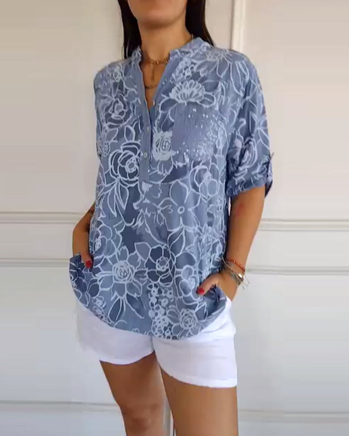 Printed V-Neck Button-Up Blouse