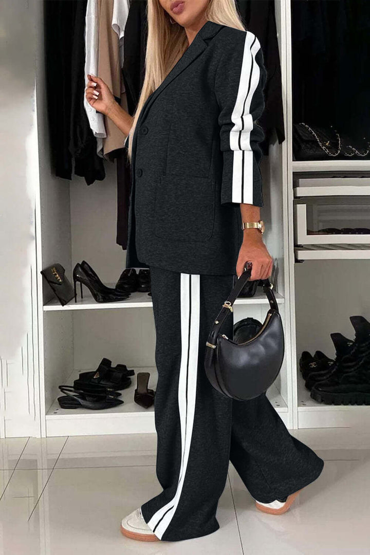 Two-Piece Set: Contrast Lapel Collar Top with Matching Pants