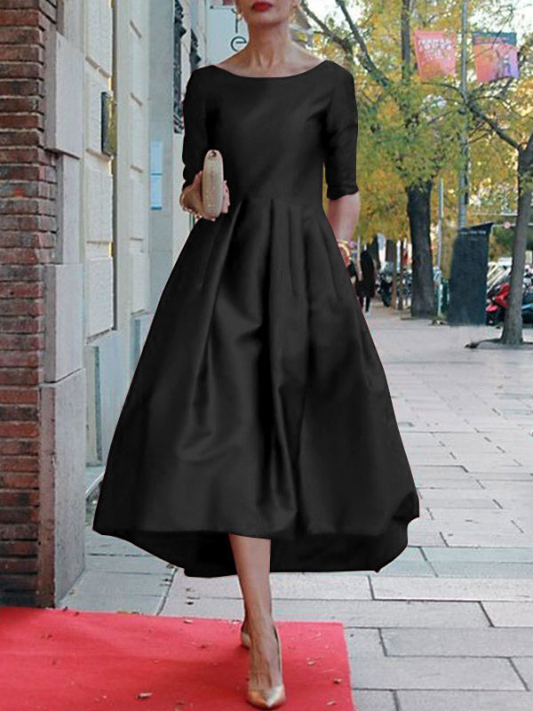 Solid Color A-Line Midi Dress with Loose Pleats, Pockets, and Split-Joint Round Neck