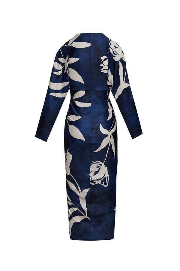 Distinctive Print Long Sleeve Ruched Midi Dress with Slit