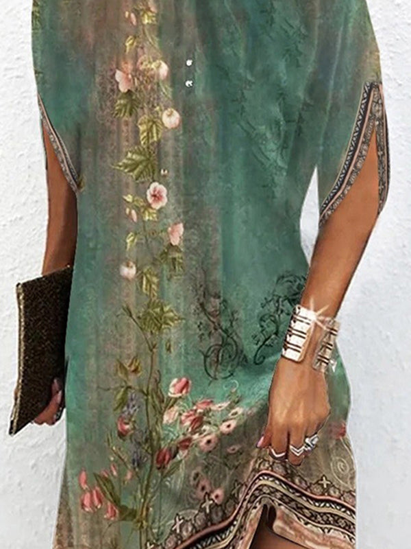 Floral Print Mini Dress with Batwing Sleeves and Round Neck