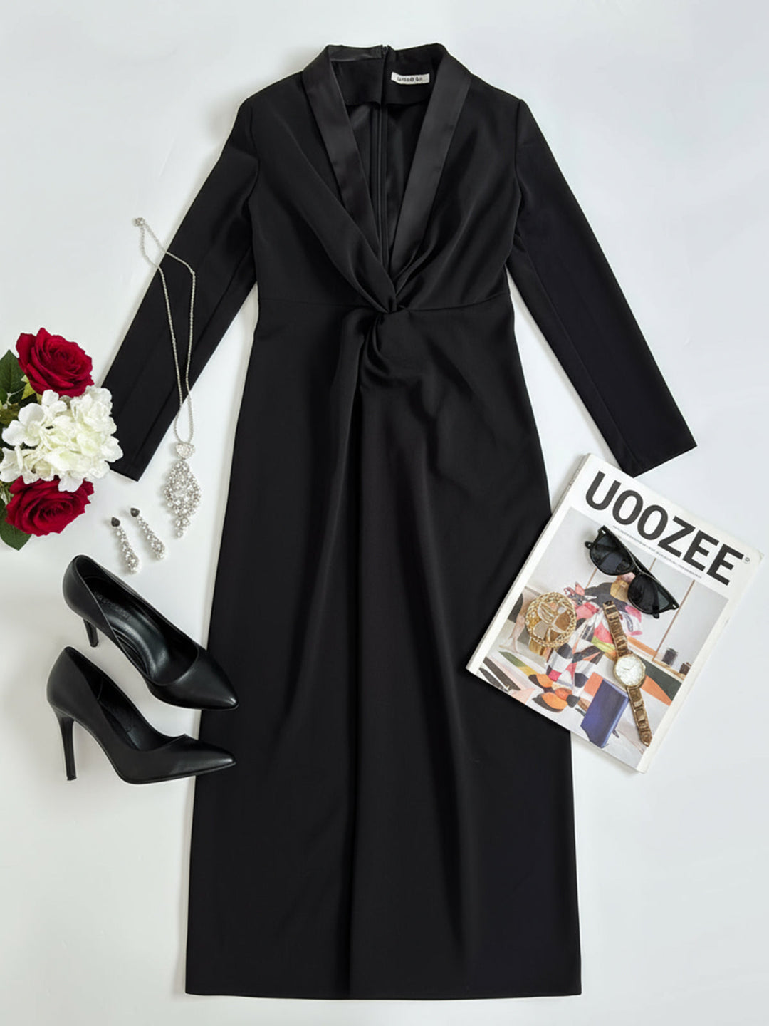 Long Sleeve Solid Color Deep V-Neck Maxi Dress