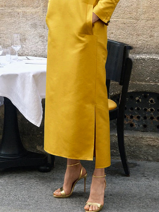 Loose-Fit Midi Dress with Long Sleeves, Solid Color, and Split-Side Hem