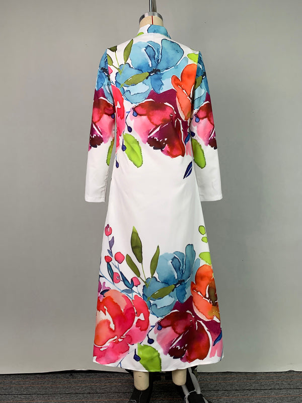 Floral Print Maxi Shirt Dress with Long Sleeves and Button Closure