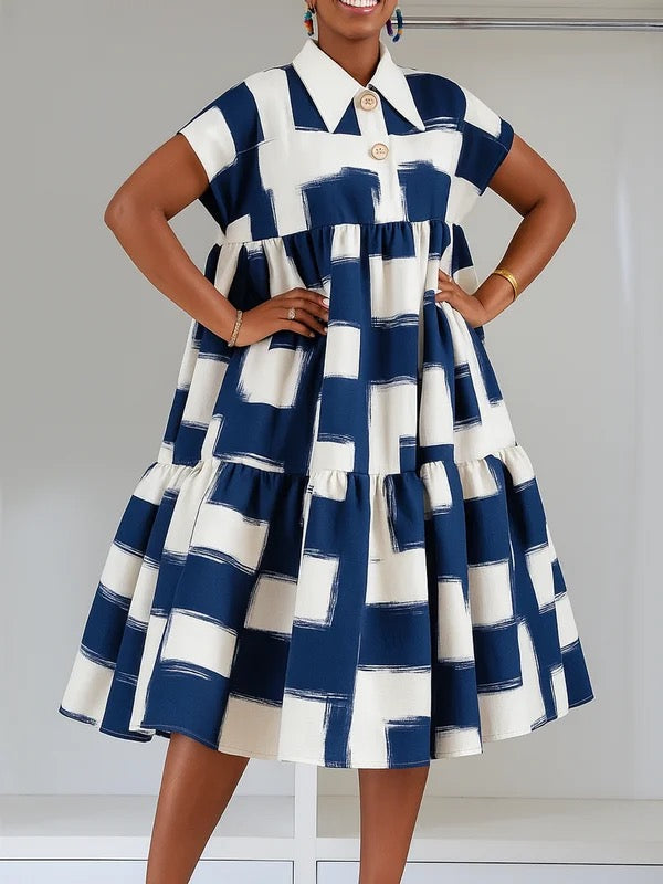 Contrast Color Pleated Midi Dress with A-Line Silhouette, High Waist, Button Details, and Pockets