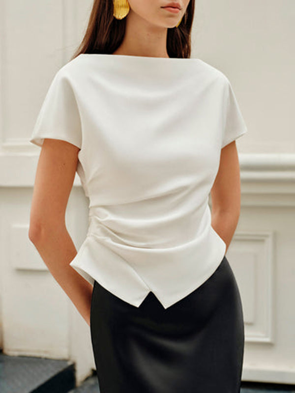 Relaxed Fit Asymmetric Pleated Solid Color Raglan Sleeve T-Shirts with Round Neck